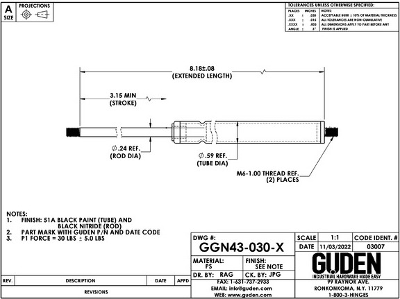 GGN43-030-X,,Standard Gas Spring,H. A. Guden Co., Inc.